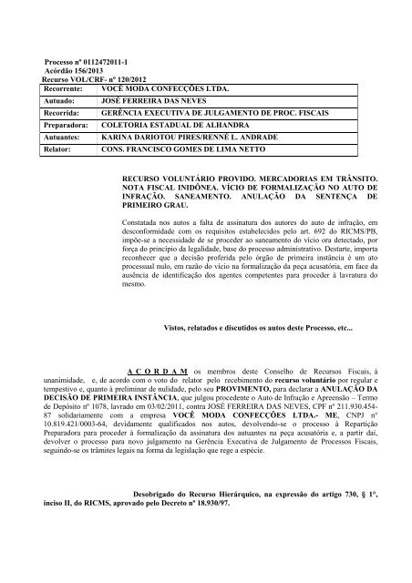 Processo nº 0112472011-1 Acórdão 156/2013 Recurso VOL/CRF ...