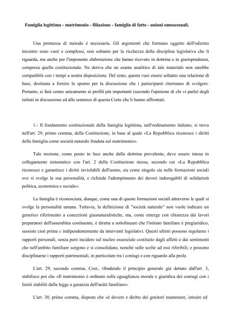 Famiglia legittima - matrimonio - filiazione - Corte Costituzionale