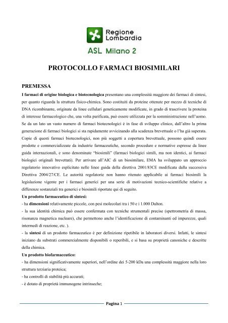 PROTOCOLLO BIOSIMILARI 2012 aggiornamento ... - ASL Milano 2