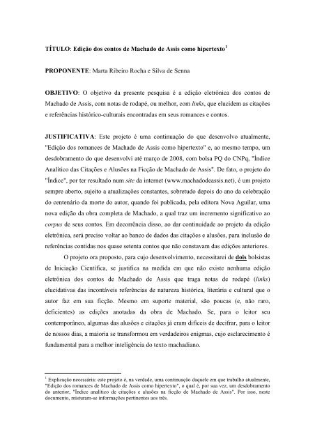 TÍTULO: Edição dos contos de Machado de Assis como hipertexto ...