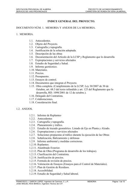 GENERAL DEL PROYECTO. DOCUMENTO NÚM. 1. MEMORIA Y ...