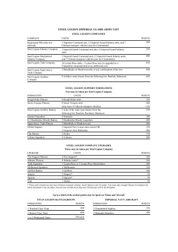 STEEL LEGION IMPERIAL GUARD ARMY LIST