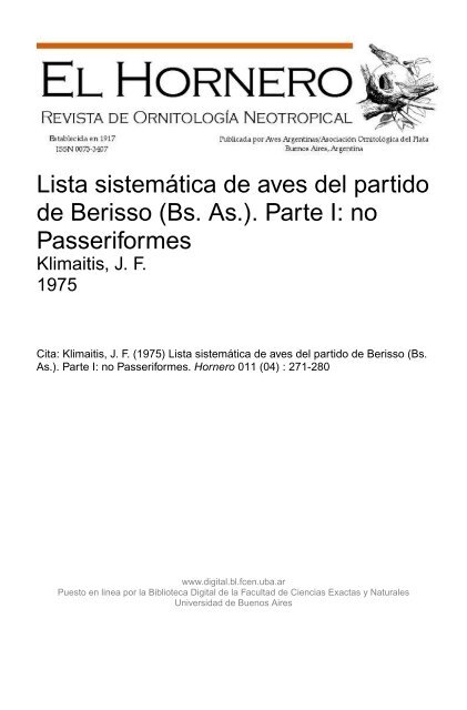 Lista sistemática de aves del partido de Berisso (Bs. As.). Parte I: no