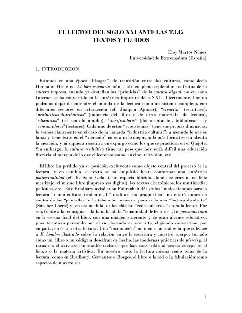 El lector del siglo XXI ante las T.I.C: textos y fluidos - Universidades ...