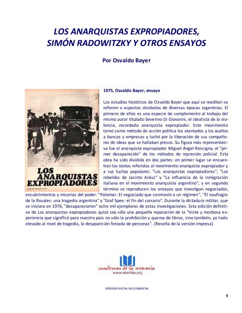 Los Anarquistas Expropiadores Simón Radowitzky Y Otros Ensayos