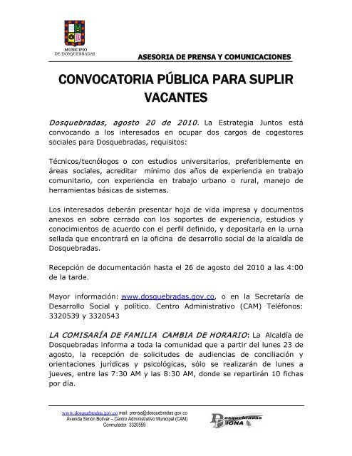 CONVOCATORIA PÚBLICA PARA SUPLIR VACANTES