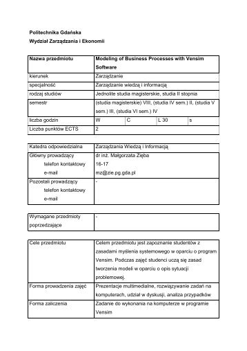 Politechnika Gdańska Wydział Zarządzania i Ekonomii Nazwa ...