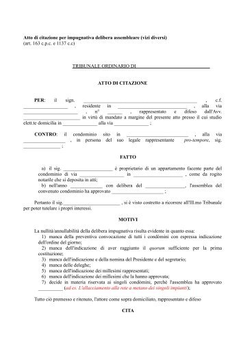 Atto di citazione per impugnativa delibera assembleare (vizi diversi ...