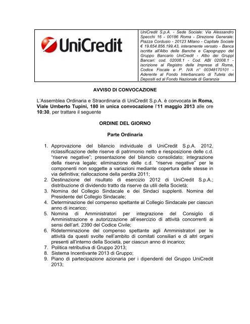 Avviso di convocazione Assemblea - Azione UniCredit