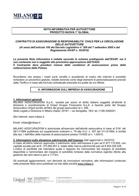 Nota informativa contratto di assicurazione RCA - plataroti ...