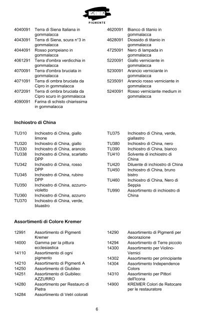 Lista dei prodotti - Kremer Pigmente 2010