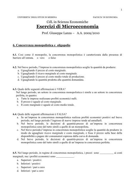 Esercizi di Microeconomia - Facoltà di Economia