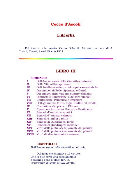 Cecco d'Ascoli L'Acerba LIBRO III - Classici Italiani