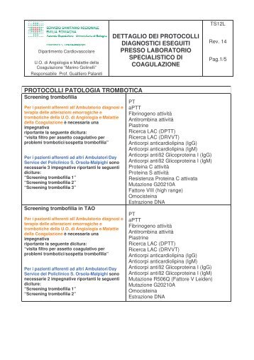 [pdf] TS12 L Dettaglio protocolli per sito - Policlinico S.Orsola-Malpighi