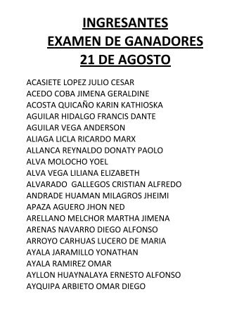 ingresantes examen de ganadores 21 de agosto - Universidad ...