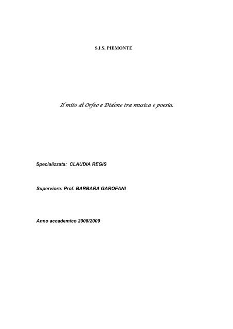 S I S Piemonte Il Mito Di Orfeo E Didone Tra Musica E Poesia