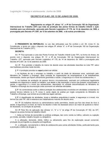 Legislação. Criança e adolescente. Junho de 2008 DECRETO N ...