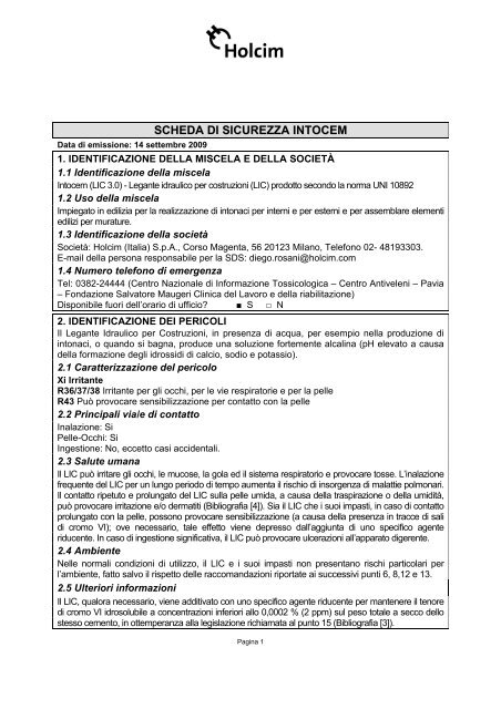 SCHEDA DI SICUREZZA INTOCE MM - Holcim Italia S.p.A.