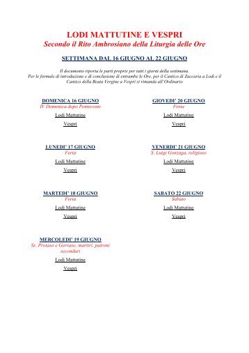 Lodi e Vespri Ambrosiani dal 16 al 22 Giugno - Carbonate