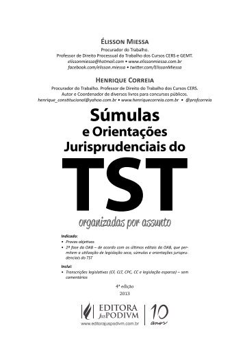 Sumulas, Oj do TST - por assunto.indd - Editora Juspodivm