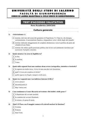 Test di accesso (2009-2010).pdf - Università degli Studi di Salerno