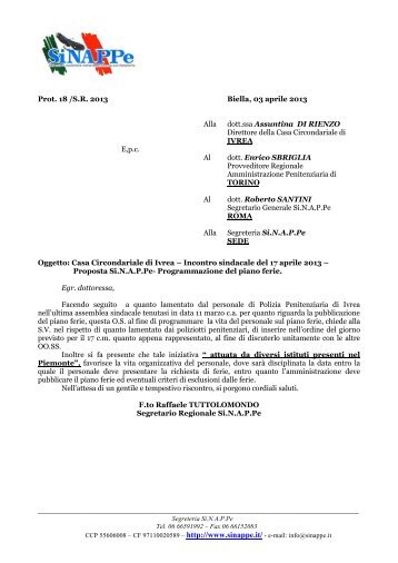 Prot. 18 /S.R. 2013 Biella, 03 aprile 2013 Alla dott.ssa Assuntina DI ...