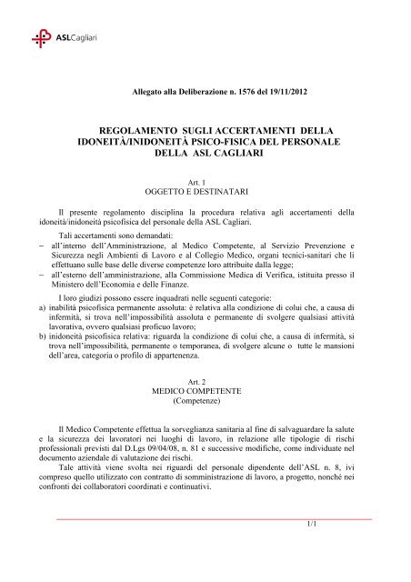 Regolamento sugli accertamenti della idoneità ... - ASL 8 Cagliari