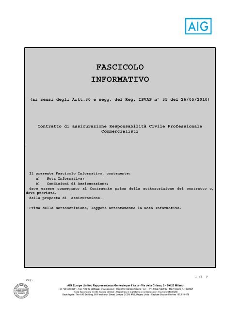 Fascicolo Informativo RC Professionale AIG - Previra Assicurazioni