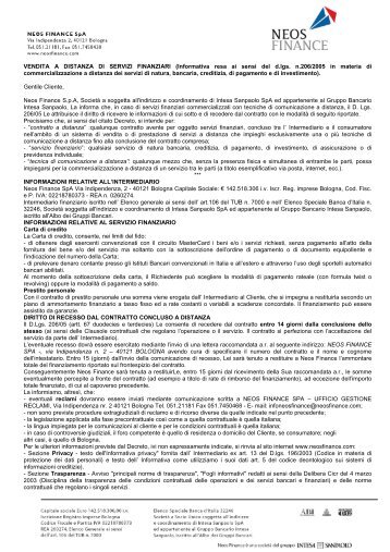 Foglio Informativo e trasparenza Neos Finance - Prontoprestiti.it