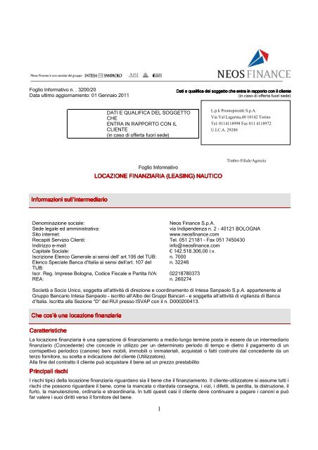 Foglio Informativo e trasparenza Neos Finance - Prontoprestiti.it