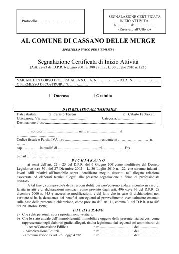AL COMUNE DI CASSANO DELLE MURGE