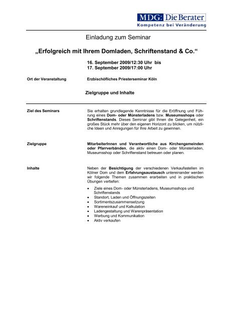 Erfolgreich mit Ihrem Domladen, Schriftenstand & Co. - MDG