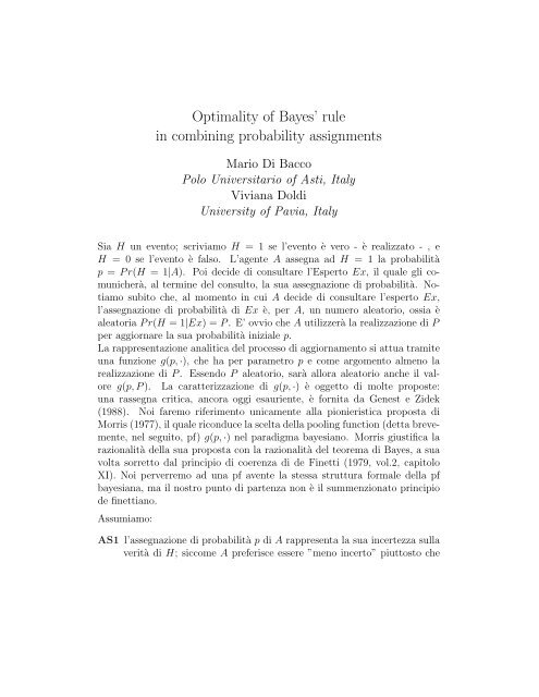 Ottimalità della regola di Bayes per la combinazione di ...