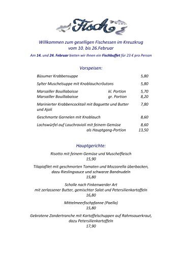 zum geselligen Fischessen im Kreuzkrug vom 10. bis 26.Februar