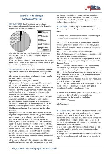 Exercícios de Biologia Anatomia Vegetal - Projeto Medicina