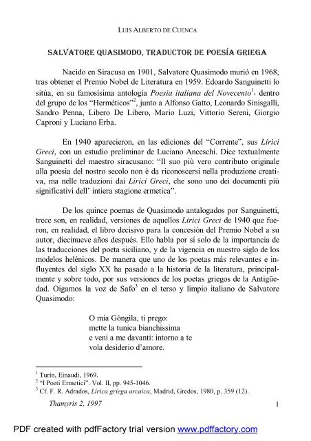 Salvatore Quasimodo, traductor de poesía griega (PDF) - de Thamyris