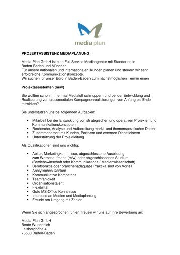 Stellenausschreibung Media Plan Projektassistenz _22 02 11