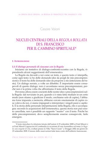 Nuclei centrali della Regola Bollata di S. Francesco