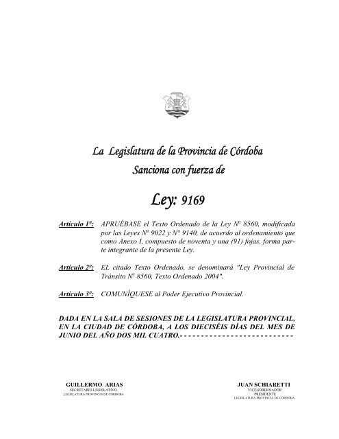 Ley: 9169 - Gobierno de la Provincia de Córdoba