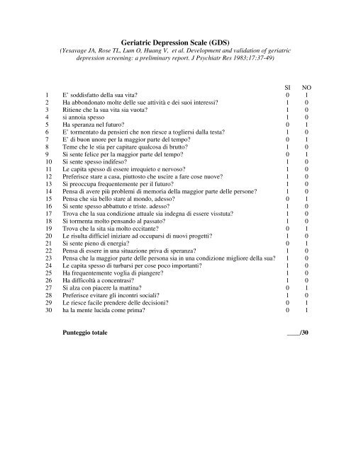 Geriatric Depression Scale (GDS) - ULSS N.14 Chioggia