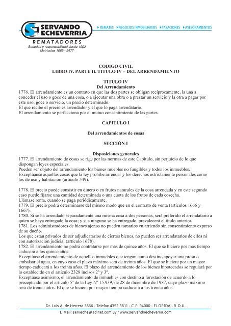 Código Civil Libro IV Parte II Título DEL ARRENDAMIENTO. Art ... Código Civil Libro IV Parte II Título DEL ARRENDAMIENTO. Art ...