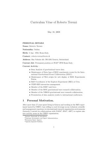 Curriculum Vitae of Roberto Terenzi - CERN