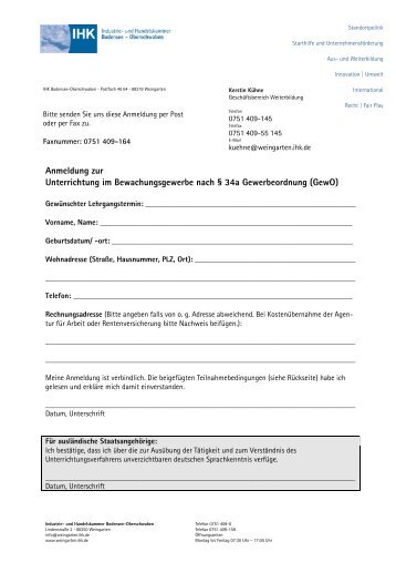 Anmeldeformular zum Unterrichtsverfahren im Bewachungsgewerbe