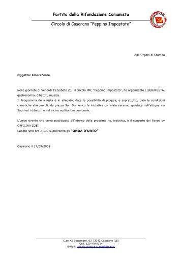 Partito della Rifondazione Comunista Circolo di Casarano “Peppino ...