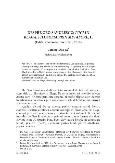 despre geo săvulescu: lucian blaga: filosofia prin metafore, ii - noema