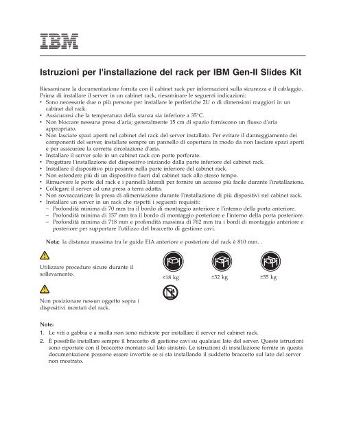 Istruzioni per l'installazione del rack per IBM Gen-II Slides Kit