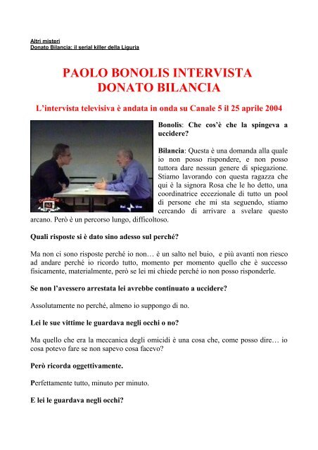 PAOLO BONOLIS INTERVISTA DONATO BILANCIA - Misteri d'Italia