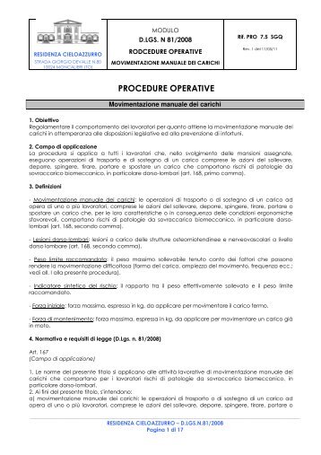 Procedure operative - MOVIMENTAZIONE MANUALE DEI CARICHI