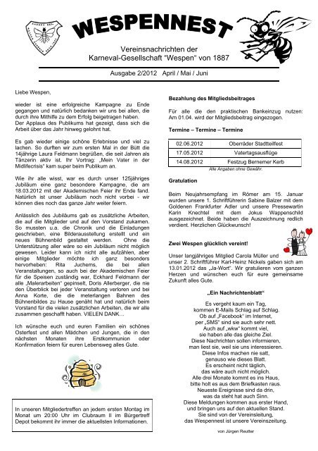 Vereinsnachrichten Der Karneval Gesellschaft Wespen Von 1887