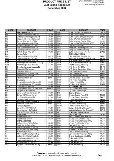 Price List December 12 Xlsx Gulf Island Foods Ltd